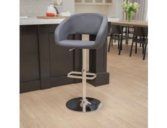 Gray Vinyl Adjustable Height Barstool with Rounded Mid-Back and Chrome Base