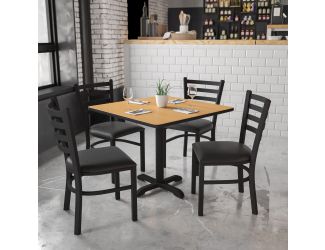 36" Square Natural Laminate Table w/ X-Base & 4 Metal Chairs - Black Vinyl Seat