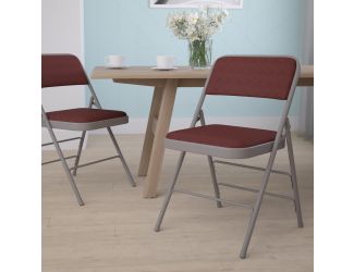 Triple Braced & Double Hinged Burgundy Patterned Fabric Metal Folding Chair