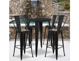 30" Round Black Metal Indoor-Outdoor Bar Table Set with 4 Cafe Stools