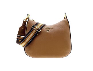 Prada Vitello Phenix Caramel Brown Leather Web Stripe Crossbody Bag