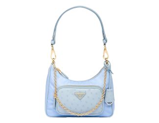 Prada 2Way Tessuto Nylon Cielo Blue Ostrich Leather Shoulder Handbag