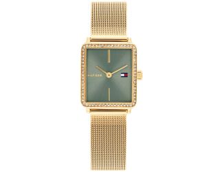 Tommy Hilfiger Ladies. Gold IP Mesh Bracelet. Green Dial.