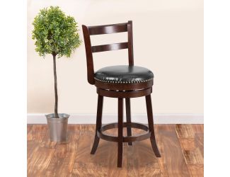 26" High Cappuccino Wood Stool with Ladder Back & Black LeatherSoft Swivel Seat