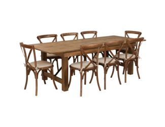 8' x 40" Rustic Folding Farm Table Set with 8 Cross Back Chairs and Cushions