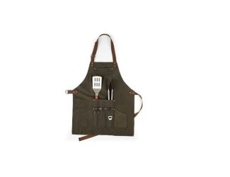 BBQ Apron with Tools & Bottle Opener, (Khaki Green with Beige Accents)