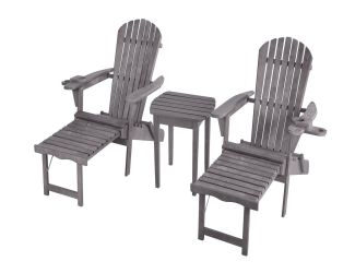 Oceanic Adirondack Chaise Lounge w/Ottoman & Beverage Holder, Set of 2 & End Table - Dark Gray