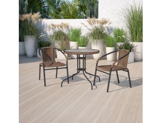 28" RD Glass Metal Table w/ Dk Brown Rattan Edging & 2 Dk Brown Rattan Chairs