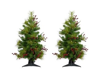 Set of Two 3-Ft. Red Berry Mixed Pine Artificial Trees with Battery-Operated LED String Lights