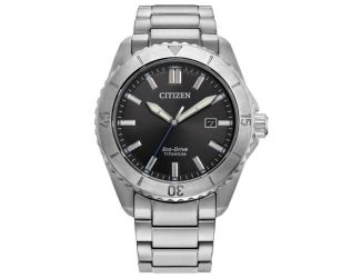 Men's Brycen Super Titanium Eco-Drive Silver-Tone SS Watch Black Dial