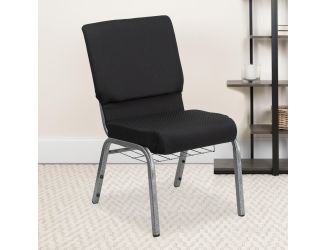 18.5"W Church Chair in Black Patterned Fabric w/Cup Book Rack-Silver Vein Frame