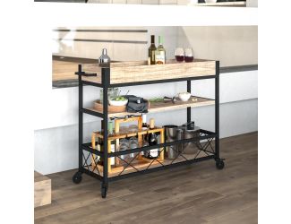 Aged Lt Oak Wood Kitchen Bar Cart with Stemware Rack & Panel Border Bottom Shelf