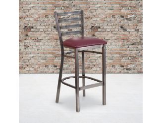 Clear Coated Ladder Back Metal Restaurant Barstool - Burgundy Vinyl Seat