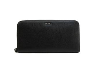 Prada Vitello Grain Long Black and Grey Zip Around Continental Wallet