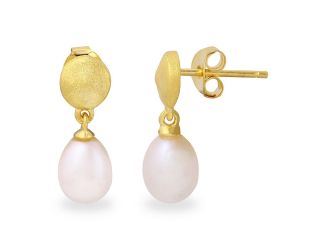 PARIKHS Matte Finish Gold Plated Disc with Hanging Fresh Water Pearl Earring in 925 Sterling Silver