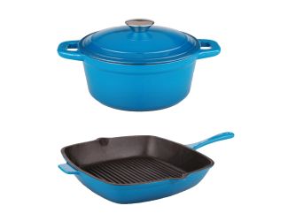 Neo 3pc Cast Iron Cookware Set, Grill Pan & Round Dutch Oven, Blue