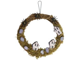 15-In. Natural Grapevine Wreath with Spiders, Tombstones, and Haunted Houses for Halloween Door or W