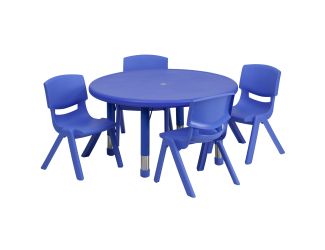 33" Round Blue Plastic Height Adjustable Activity Table Set with 4 Chairs