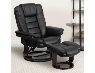 Black LeatherSoft Multi-Position Recliner &Ottoman w/Swivel Mahogany Wood Base