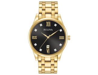 Mens Diamond Gold-Tone Stainless Steel Watch Black Dial