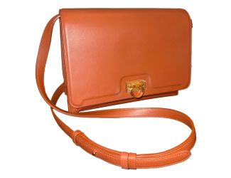 Ferragamo Trifolio Cognac Brown Soft Leather Flap Crossbody Bag Gold Gancini