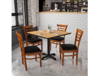 Ladder Back Cherry Wood Restaurant Chair - Black Vinyl Seat