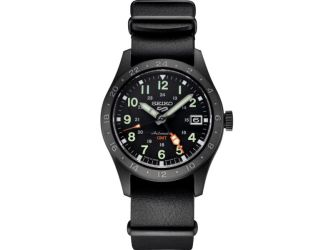 Seiko 5 Sports SS Blk Hrd Ct Automatic GMT Black Dial, Field Style, Black Leather Nato strap