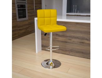 Contemporary Yellow Quilted Vinyl Adjustable Height Barstool with Chrome Base