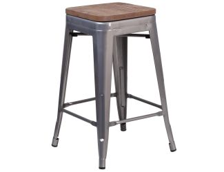 24" High Backless Clear Coated Metal Counter Height Stool with Square Wood Seat