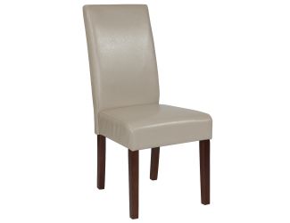 Beige LeatherSoft Upholstered Parsons Chair w/Panel Stitching &Mahogany Legs