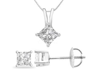 Certified PARIKHS Princess Cut Diamond Screw Back Set 18K White Gold 0.85ct HIJ Color, VS2 Clarity