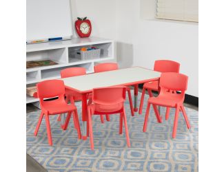 23.625"W x 47.25"L Rectangular Red Plastic Activity Table Set with 6 Chairs