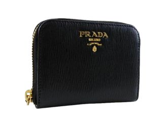 Prada Black Vitello Leather Gold Zip Coin Purse Wallet