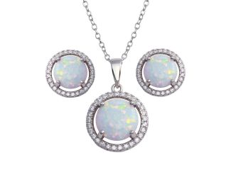 PARIKHS Rhodium Plated Synthetic Opal Halo Necklace-Earring Set with CZ in 925 Sterling Silver