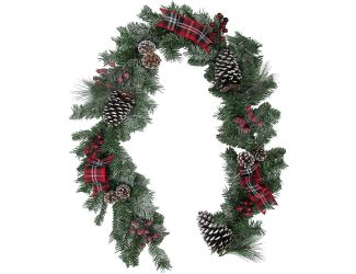 6-Ft. Christmas Lightly Frosted Garland with Pinecones, Berries, and Plaid Bows