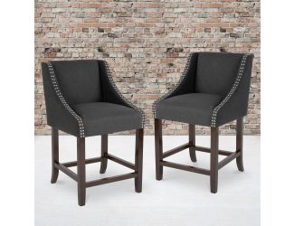 24"H Walnut Counter Stool with Accent Nail Trim - Charcoal Fabric, Set of 2