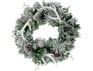 24-in. Christmas Frosted Wreath with Pinecones, Berries, and Antler Decorations