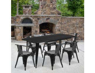 31.5" x 63" Rectangular Black Metal Indoor-Outdoor Table Set with 6 Arm Chairs