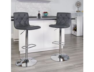 Contemporary Button Tufted Gray Vinyl Adjustable Barstool with Chrome Base