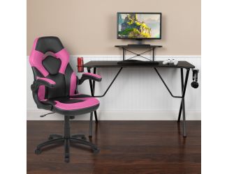 Black/Pink Gaming Desk Set with Cup Holder, Headphone Hook, and Monitor Stand