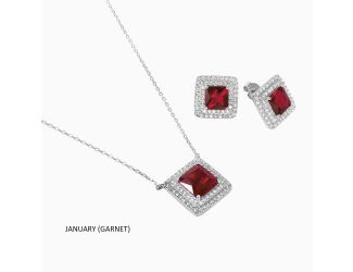 PARIKHS Rhodium Plated Square Garnet and CZ Cluster January Birthstone Set in 925 Sterling Silver