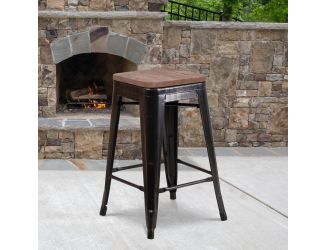 24" High Backless Black-Gold Metal Counter Height Stool with Square Wood Seat