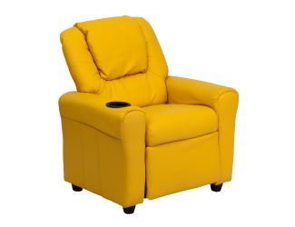 Contemporary Yellow Vinyl Kids Recliner with Cup Holder and Headrest