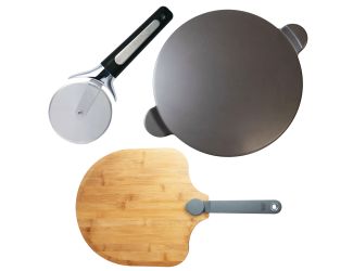Old Stone Pizza Kitchen - Glazed Pizza Stone, Bamboo Peel, & Pizza Cutter Set