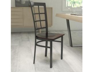 Black Window Back Metal Restaurant Chair - Walnut Wood Seat