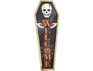 33-In. Wood Coffin Welcome Sign with Folding Storage Hinges for Halloween Hanging Decoration