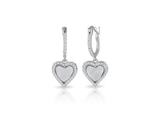 PARIKHS Rhodium Plated Dangling CZ Heart with Mother of Pearl huggie hoop Earrings in 925 Ssilver