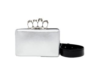Alexander McQueen The Knuckle Silver Metallic Leather Zip Around Crossbody Bag Skull