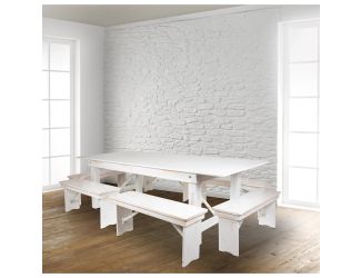 7 Piece Set-8' x 40" Antique Rustic White Folding Farm Table and Six Bench Set
