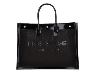 Saint Laurent Rive Gauche Large Tote Bag Black Nylon Leather Trim Silver Hardware